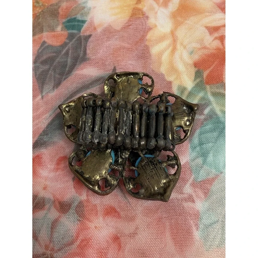 Vintage Turquoise Colored Beaded Flower  Ring Adjustable Antique Gold‎ Tone